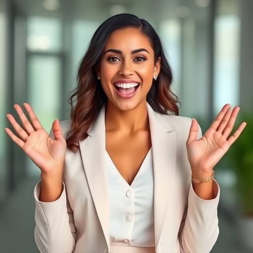 Successful student testimonial: Jessica Williams, standing in a business suit, excited to start her new career as a Financial Analyst.